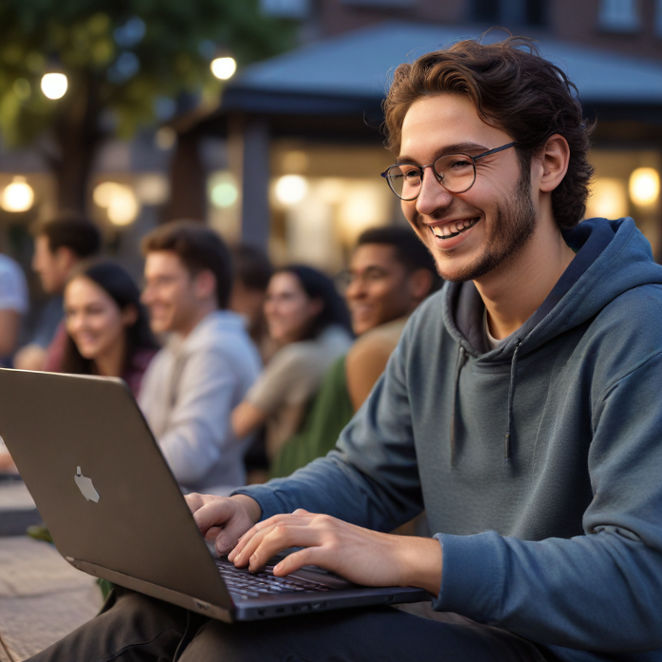 A developer smiles while using a laptop outdoors, enjoying a seamless gaming session with friends.