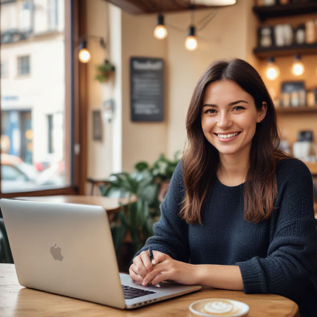 Smiling woman in a cozy cafe, using a laptop for Twitter marketing with a coffee nearby.