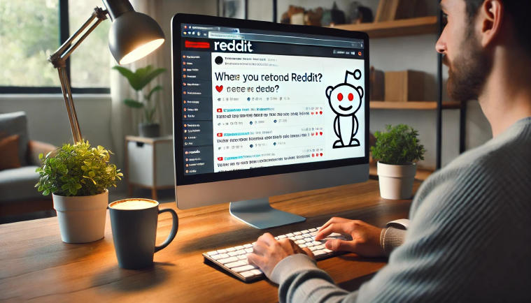 A person at a modern desk using a computer, browsing Reddit with upvotes visible.