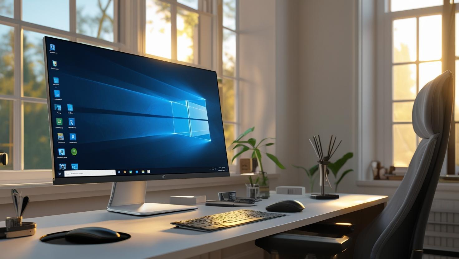 Bright home office with desktop running Windows 11 Pro, sunlight streaming through window.