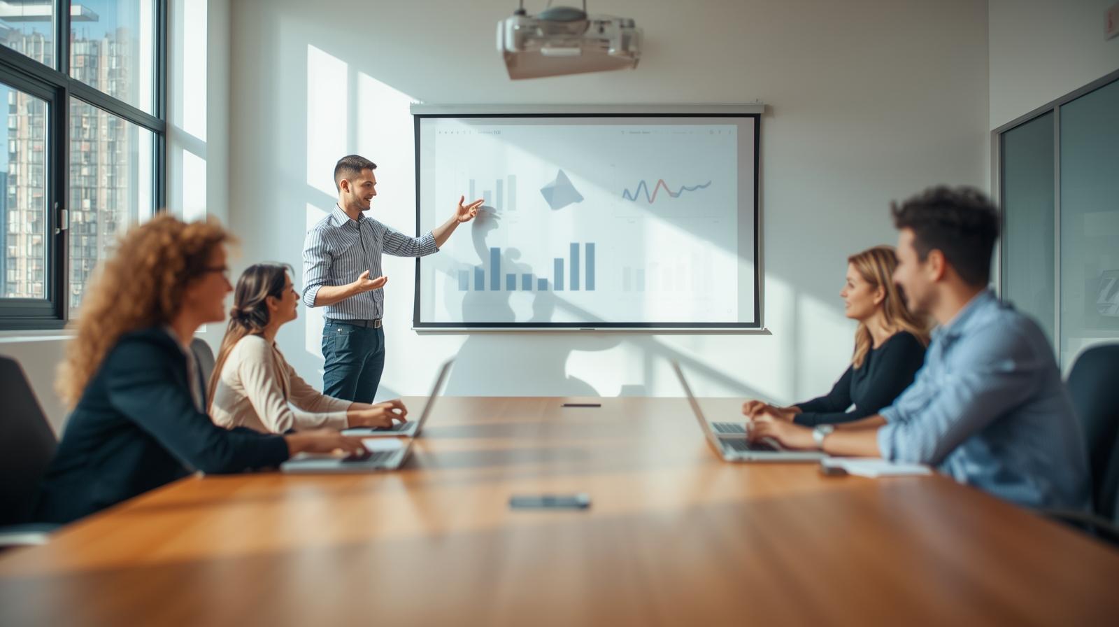 Marketers in office meeting present blurred graphs on projector while teammates use laptops.