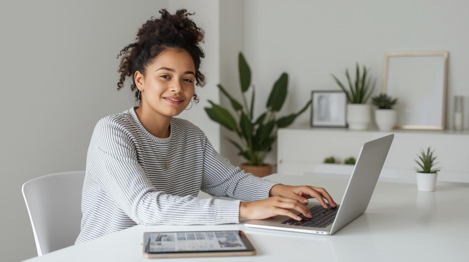 Young designer works happily at bright minimal desk with blurred screen and clean visuals.