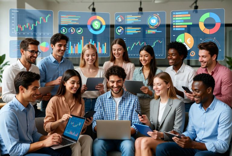 Diverse group of people engaging online with financial data visuals in the background